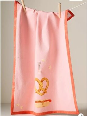 Anthropologie I Love Dogs Dish Towel Pink with Pretzel and Hotdog